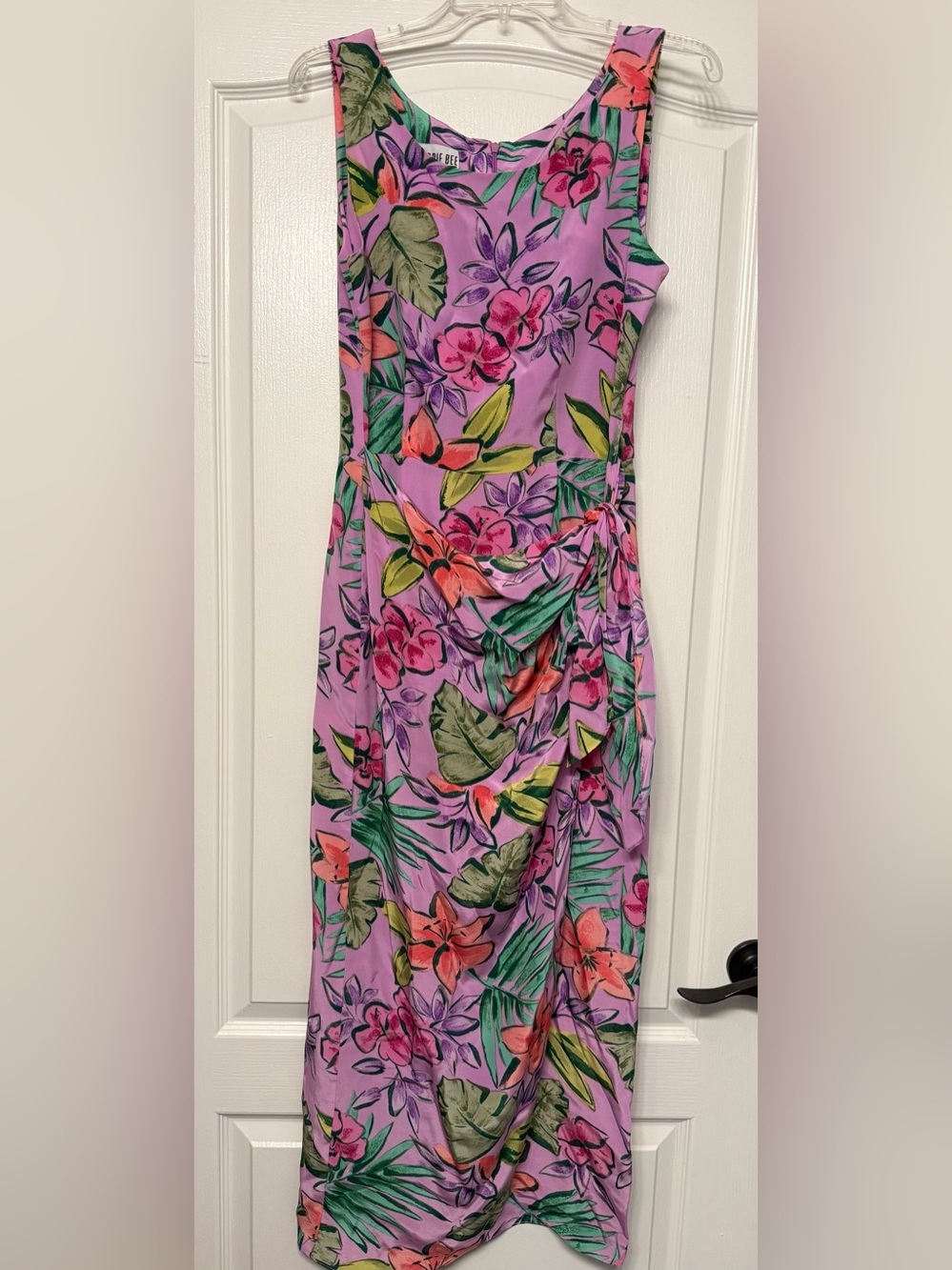 Robbie Bee 100% Silk Faux Wrap Floral Midi Dress Pink Tropical Size 6 Lined